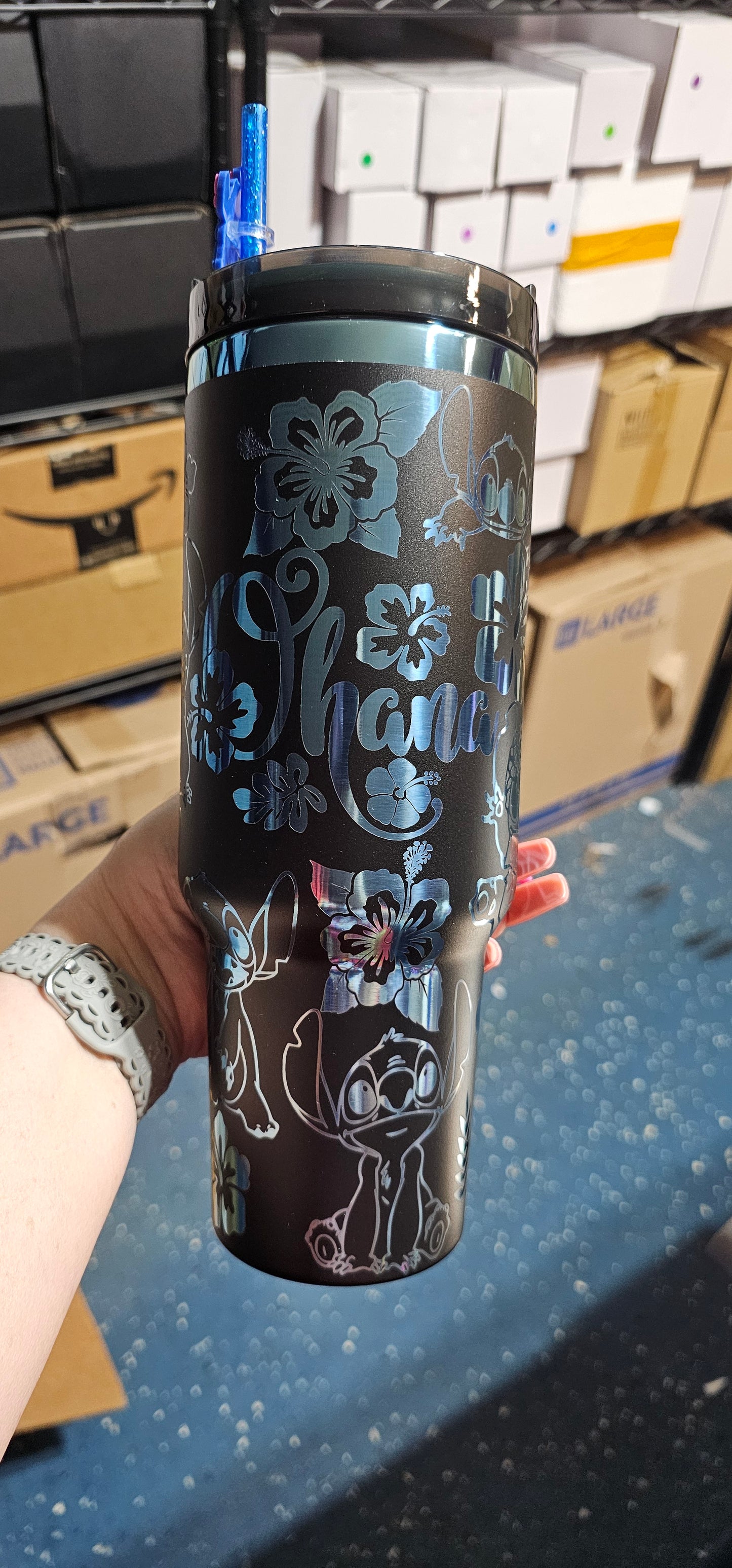 Ohana Engraved Tumbler with Lid Topper and Straw Charm