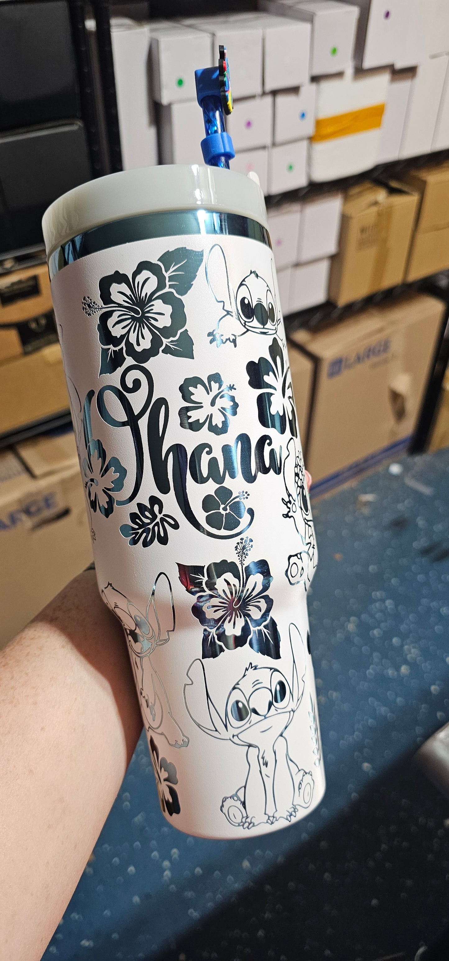 Ohana Engraved Tumbler with Lid Topper and Straw Charm